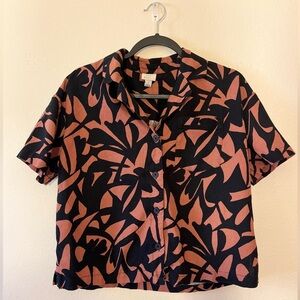 A New Day Top - Women's Small Orange Black - Linen Button Down Short Sleeve